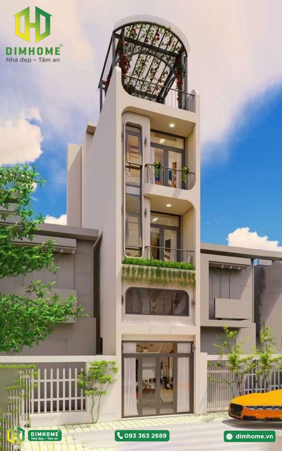 Mẫu thiết kế nhà phố 1 trệt 1 lửng 2 lầu tum sân thượng nhà anh Toàn Quận 10